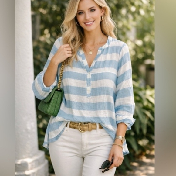 Kaktus Tops - NWT Kaktus Light Blue and White Striped Tunic Top 100% Cotton Size XXL Beachy